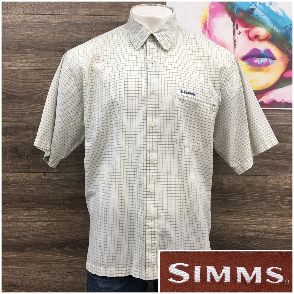 Simms Fishing Shirt Mens XL Short Sleeve Button Down Plaid Check Zipper Pocket